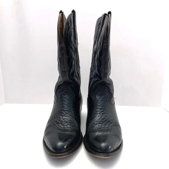Montana Western Cowboy Boots Mens 7.5 E Bull Hide Leather Black Emboidered - Picture 2 of 11